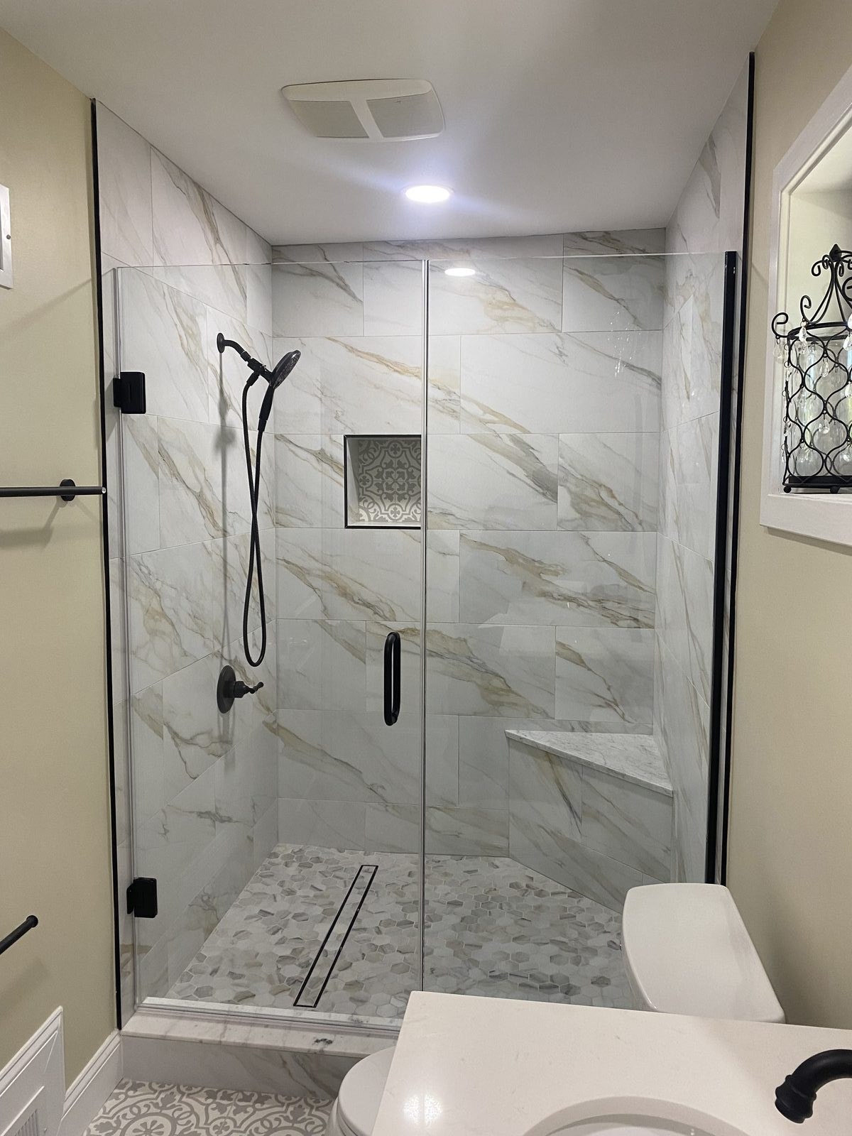 Finished curbless walk-in shower